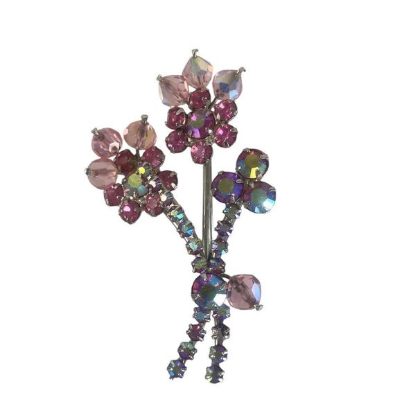 Elegant Pink Floral Brooch Austrian Crystals Aurora Borealis flower spray Vtg - Picture 3 of 6